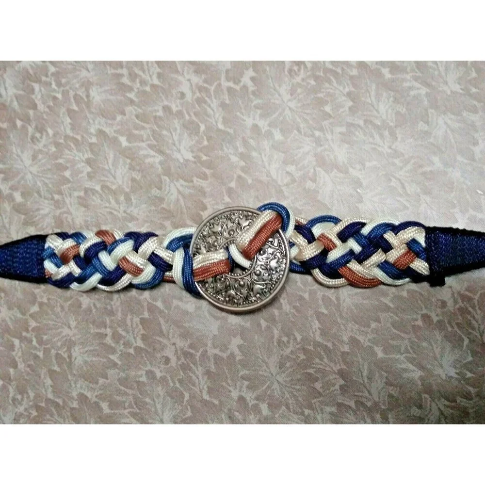 Womens Braided rope belt M/L Vintage Blue brown ivory, Silver ornate buckle Boho